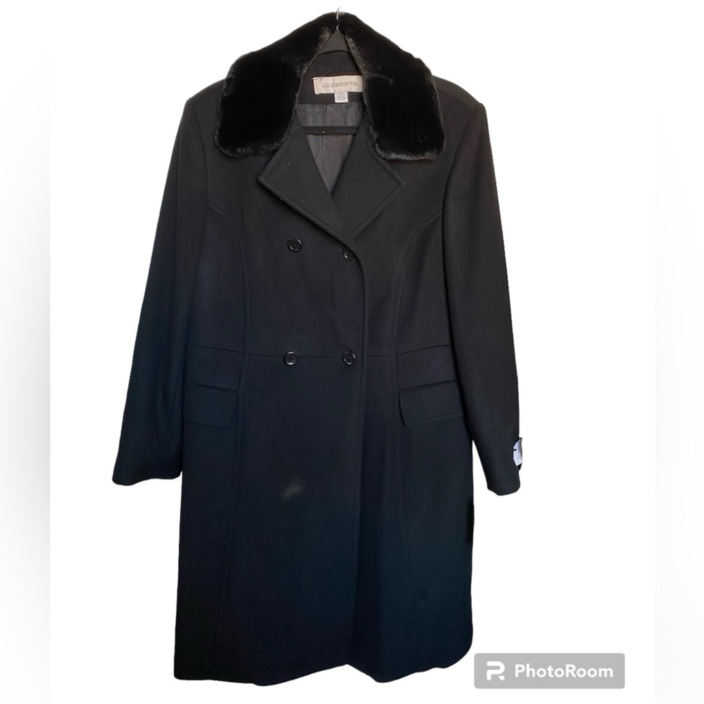 Vintage 90s Iconic Black Wool Trench Peacoat/Jacket by Liz Claiborne 14 - Picture 2 of 14